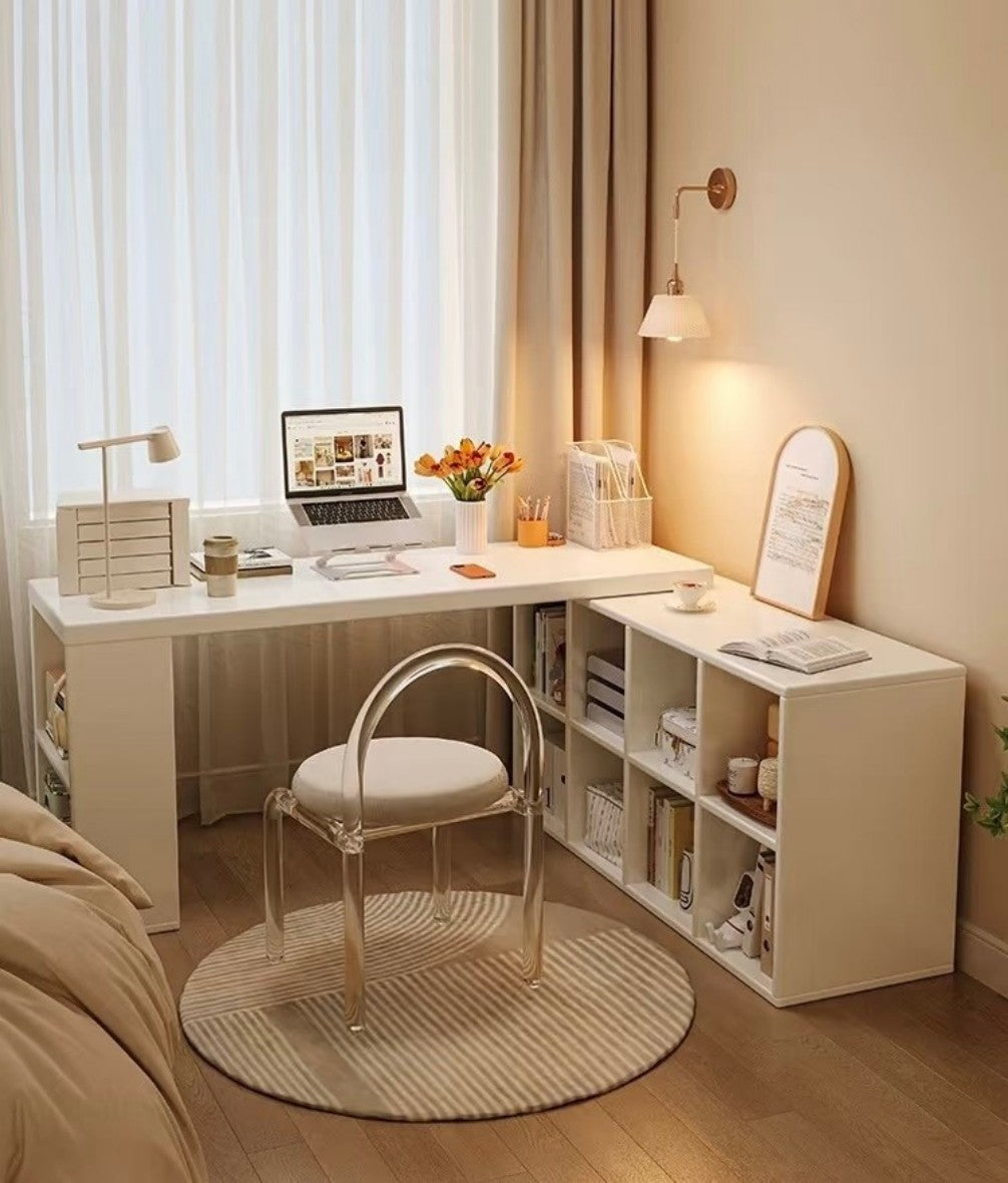 Minimalist White Corner Study Desk with Bookshelf – Home Office Desk for Teens and Adults
