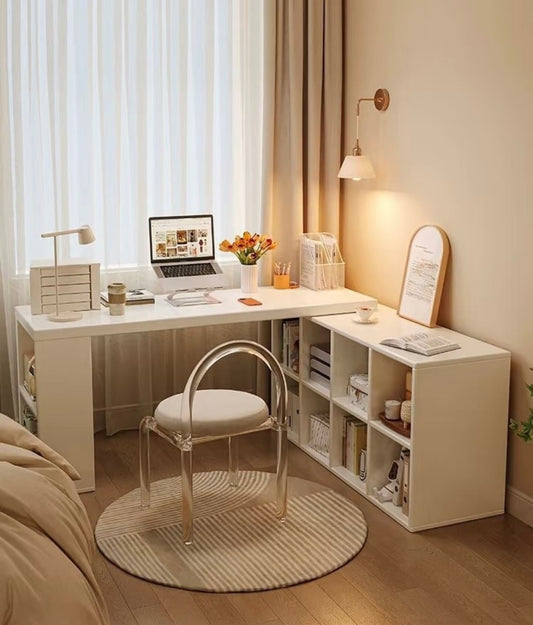 Minimalist White Corner Study Desk with Bookshelf – Home Office Desk for Teens and Adults