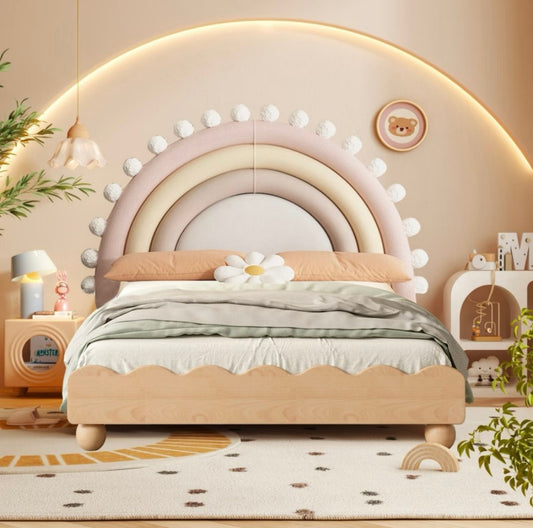 Rainbow Arch Upholstered Kids Bed – Pastel Headboard with Daisy Accent and Soft Wooden Frame