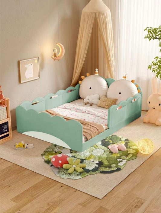 Green Dinosaur-Themed Toddler Bed with Safety Rails and Cozy Canopy