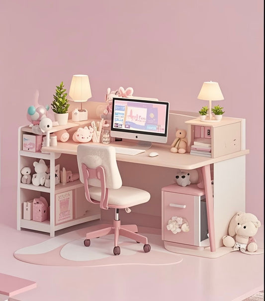 Cute Pink L-Shaped Study Desk with Bookshelves – Girls’ Computer Desk and Storage Set