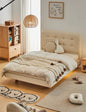 Cream Tufted Upholstered Kids Bed with Natural Wood Storage Cabinet