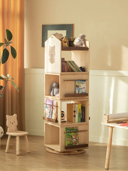 Rotating Wooden Kids Bookshelf – Animal Theme Storage Organizer