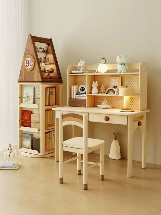 Kids Wooden Study Desk and Bookshelf Set, Modern Children’s Writing Table with Storage