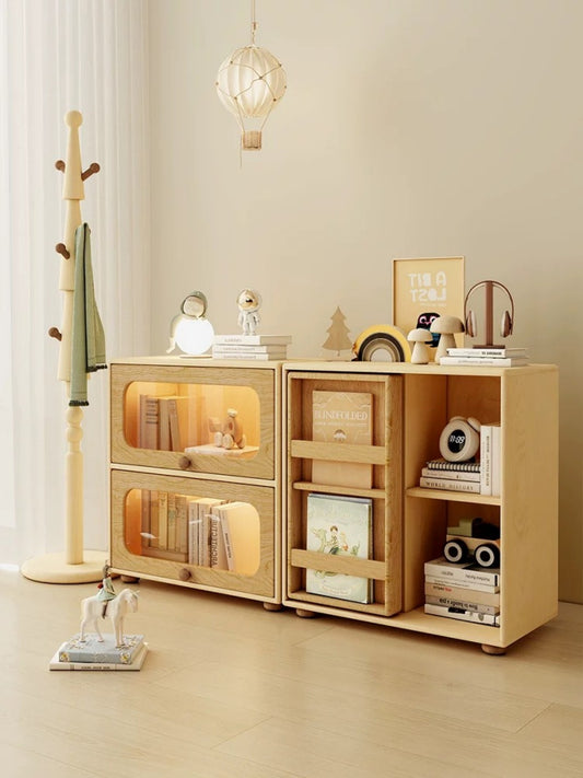 Natural Wood Kids Storage Cabinet – Montessori Bookshelf Organizer