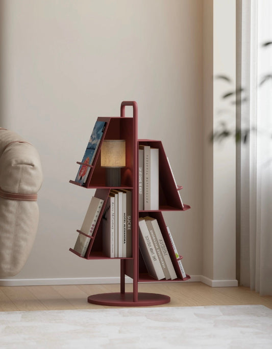 Red Modern Tree Bookshelf – Unique Rotating Book Storage Rack