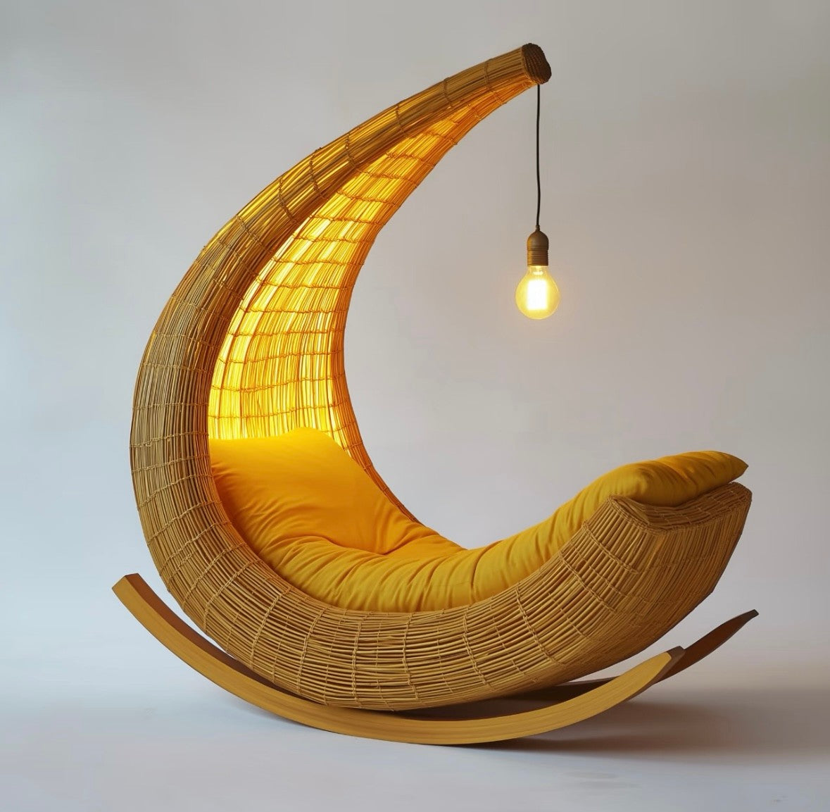 Wicker Crescent Moon Rocking Chair with Light – Cozy Lounge Chair for Reading Nook