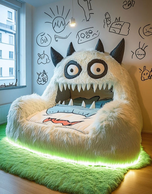 Monster Bed with LED Lights – Plush Furry Kids Bed for Playroom