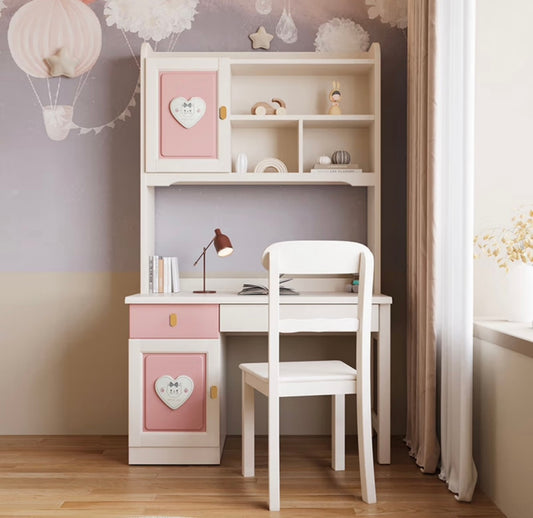 Pink Heart Kids Study Desk – Cute Girls’ Writing Table with Hutch