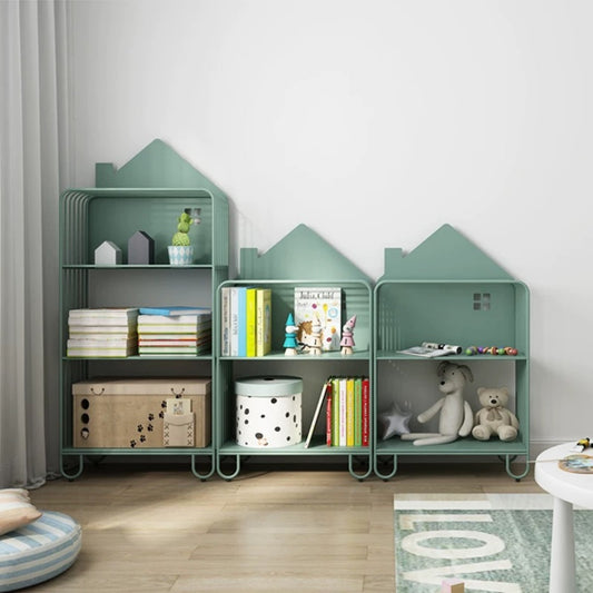 House Shaped Metal Kids Bookshelf – Modern Playroom Storage Rack