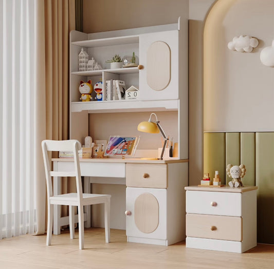 White and Wood Kids Study Desk with Hutch – Compact Homework Station