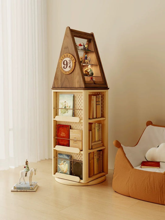 Kids Wooden Bookshelf with House Shape, Rotating Bookcase Organizer for Children