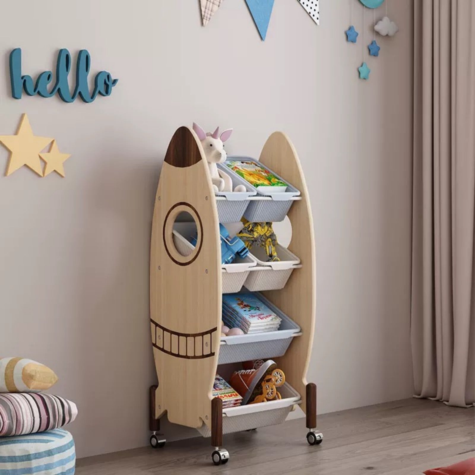 Rocket Book Rack Rocket Ship Kids Bookshelf – Space Theme Storage Rack with Wheels ...
