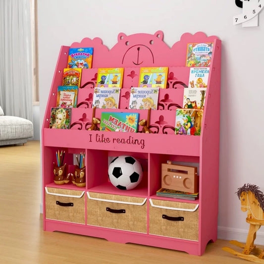 Pink Bear Kids Bookshelf with Storage Bins – Cute Reading Organizer
