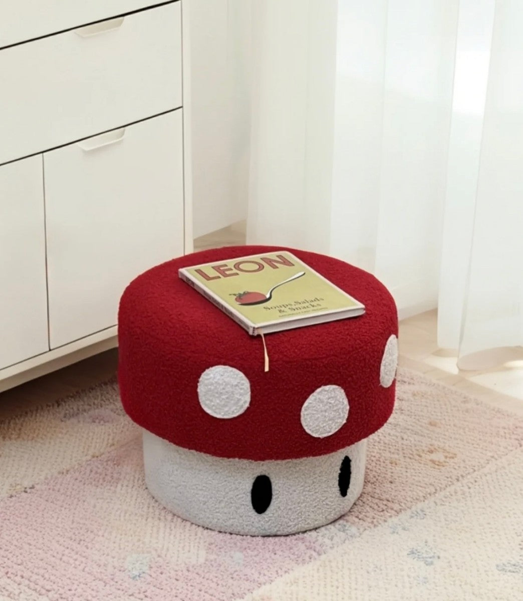 Cartoon Mushroom Pouf – Plush Red & White Kids Ottoman