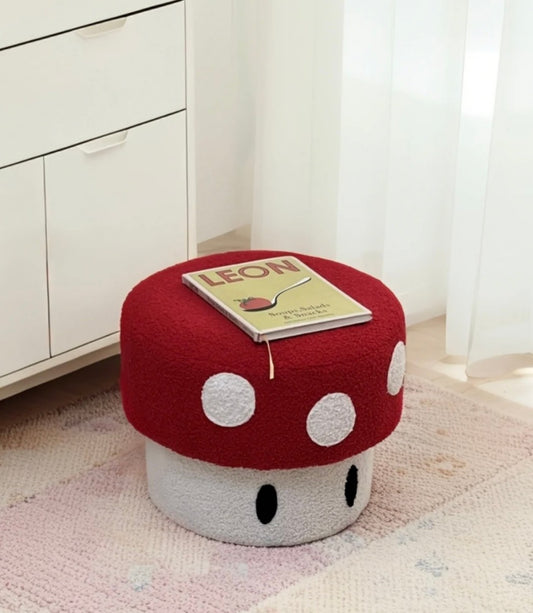Cartoon Mushroom Pouf – Plush Red & White Kids Ottoman