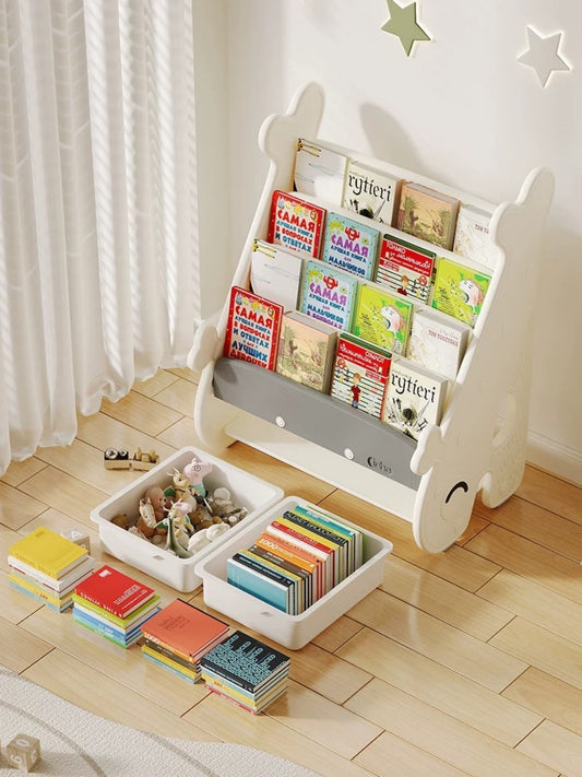Children’s Sling Bookshelf with Storage Bins – Toddler Book Display Rack