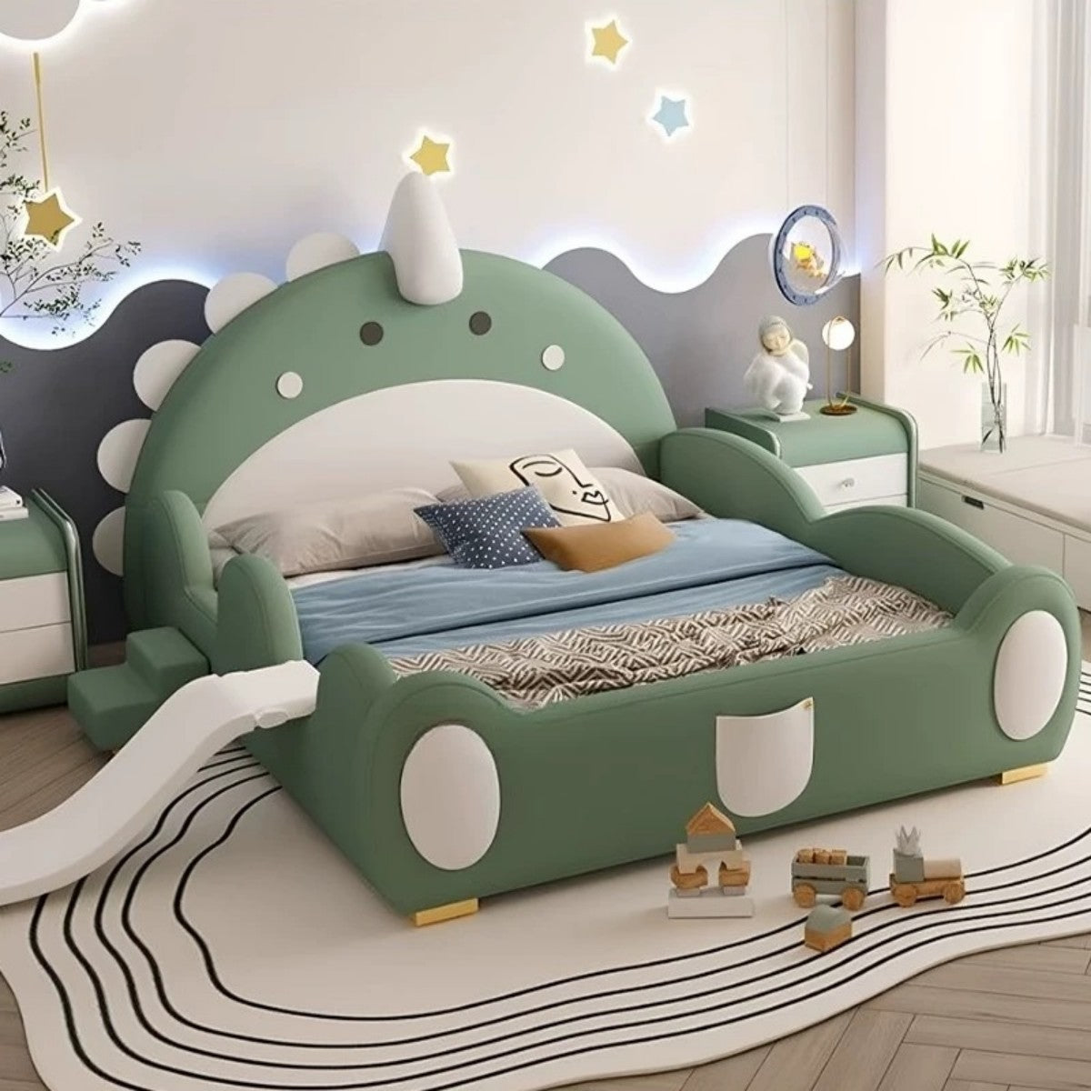 Kids Dinosaur Bed with Slide and Safety Guardrails, Fun Upholstered Toddler Bed Frame