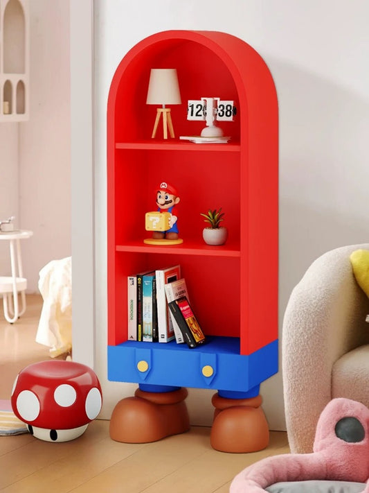 Cartoon Character Bookshelf – Red and Blue Kids Bookcase with Drawers