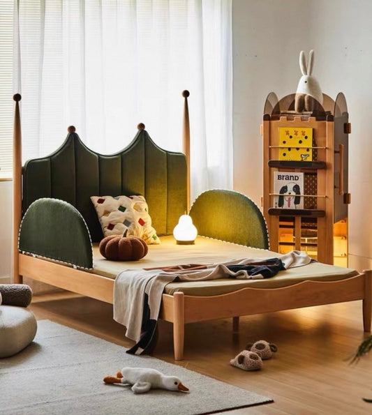 Green Velvet Castle Bed – Unique Kids Bed with Playful Headboard