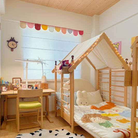 Wooden Montessori House Bed with Climbing Frame and Canopy for Kids