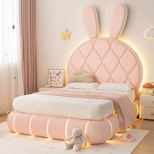 Cute Bunny Kids Bed with LED Lights, Upholstered Pink Twin/Full Bed Frame