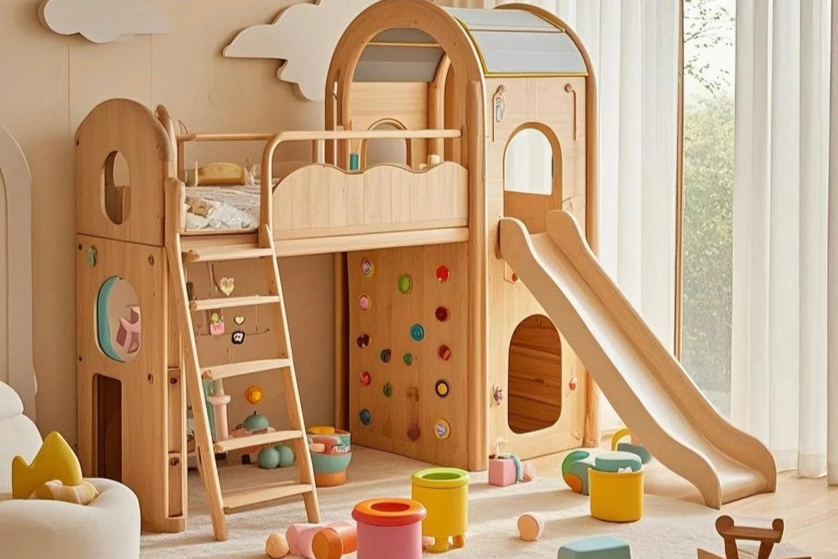 Wooden Kids Bunk Bed with Slide – Playhouse Loft Bed Set