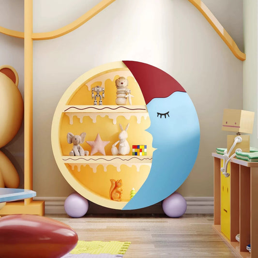 Round Moon Face Kids Bookshelf – Cute Cartoon Display Storage