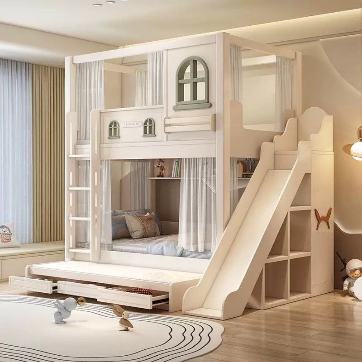 Kids Bunk Bed with Slide, House Design & Storage Drawers – Fun Loft Bed for Children
