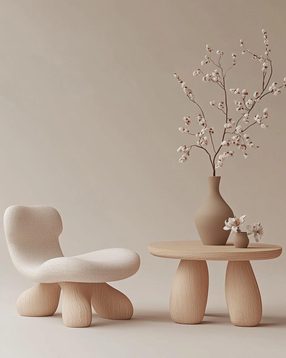 Organic Sculpted Lounge Chair – Bouclé Upholstered Accent Seating with Chunky Wood Base (Seating)