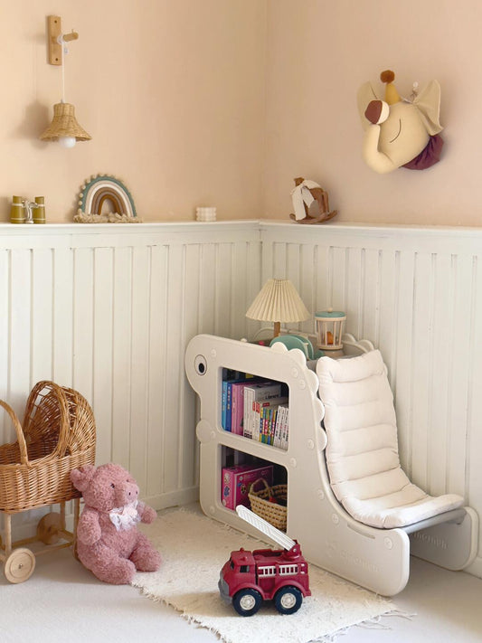 Dinosaur Kids Bookshelf with Reading Seat – 2-in-1 Storage & Lounge Chair for Toddlers (Storage / Seating)