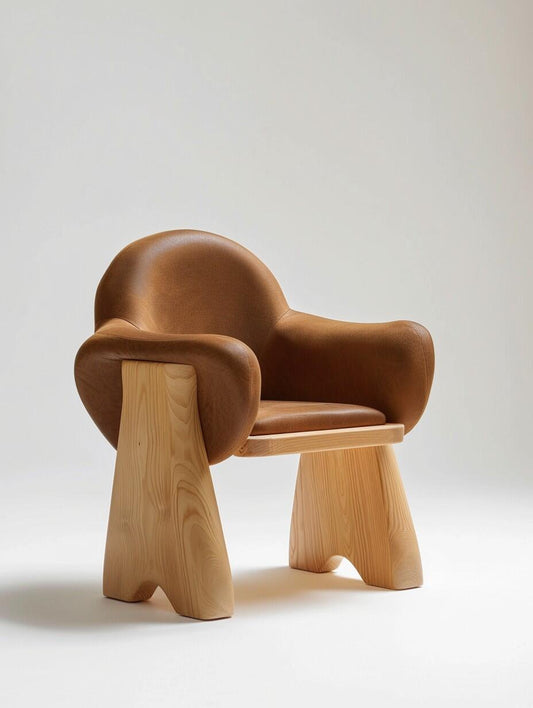 Sculptural Lounge Chair – Organic Modern Armchair with Carved Wood Legs & Leather Upholstery (Seating)