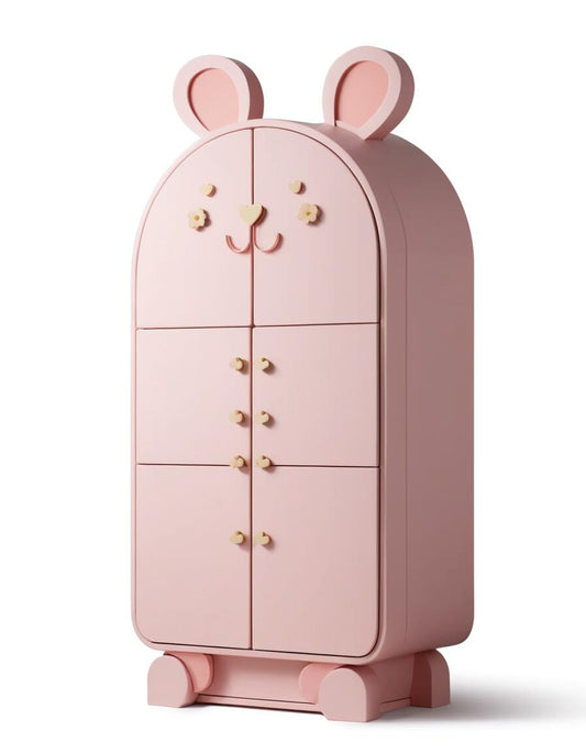 Cute Pink Bunny-Shaped Kids' Wardrobe – Multi-Door Storage Cabinet with Animal Design