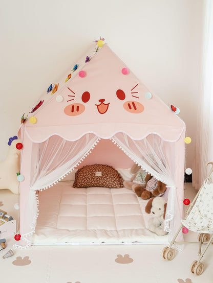 Kids Pink Kitty Playhouse Tent – Indoor Princess Tent with Mat, Lights & Mesh Curtains