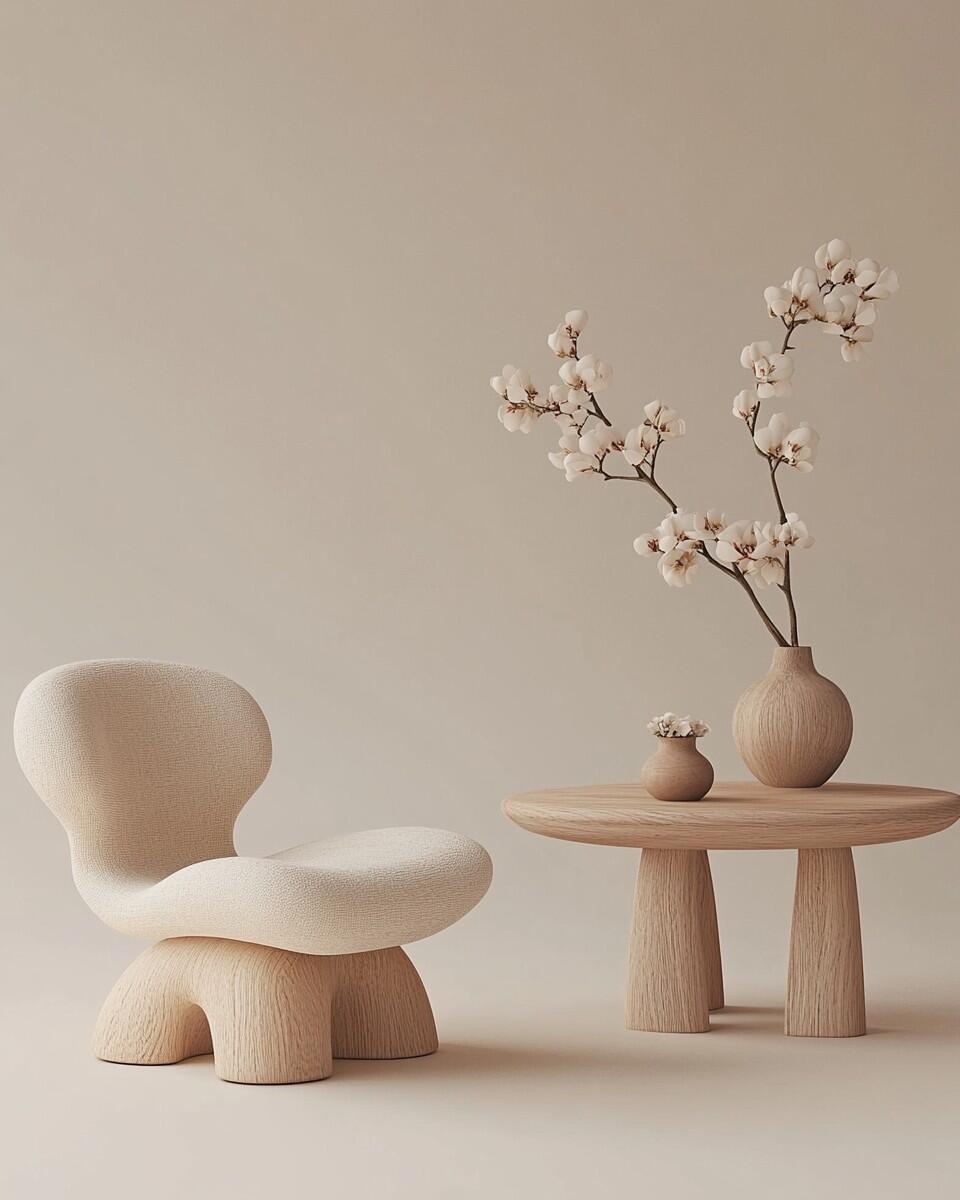 Organic Sculpted Lounge Chair – Bouclé Upholstered Accent Seating with Chunky Wood Base (Seating)