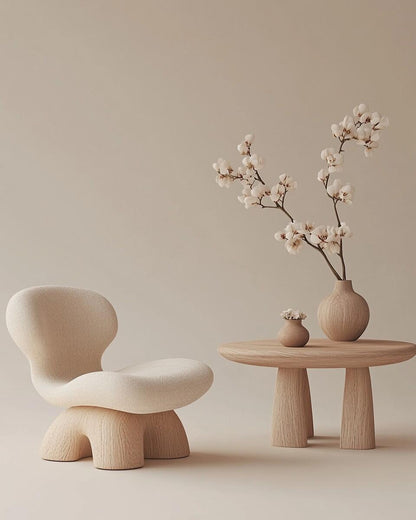 Organic Sculpted Lounge Chair – Bouclé Upholstered Accent Seating with Chunky Wood Base (Seating)