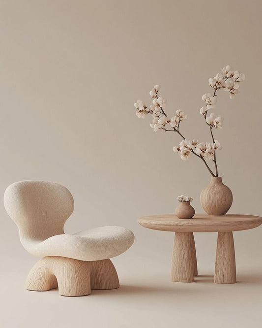 Organic Sculpted Lounge Chair – Bouclé Upholstered Accent Seating with Chunky Wood Base (Seating)