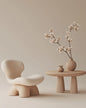 Organic Sculpted Lounge Chair – Bouclé Upholstered Accent Seating with Chunky Wood Base (Seating)