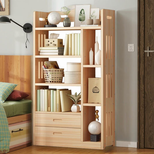 Natural Wood Bookshelf with Drawers – Multi-Tier Storage Organizer for Bedroom or Study