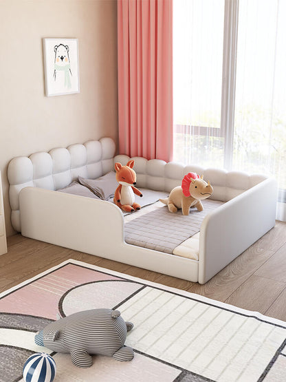 Padded Toddler Floor Bed with Safety Rails – Soft Upholstered Kids Bed for Montessori Bedrooms