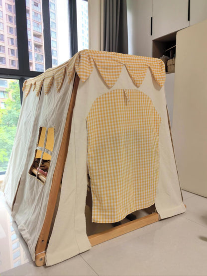 Kids Indoor Canvas Tent – Playhouse with Wooden Frame and Gingham Curtains