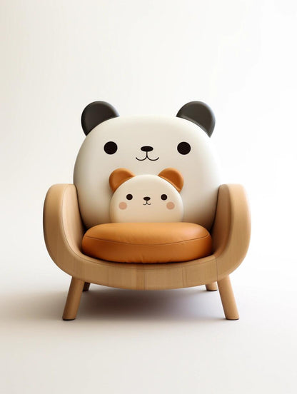 Kawaii Panda & Cub Kids Sofa Chair – Adorable Animal Lounge Seat with Wooden Frame and Plush Bear Pillow
