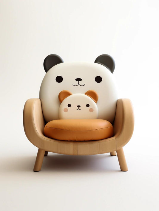 Kawaii Panda & Cub Kids Sofa Chair – Adorable Animal Lounge Seat with Wooden Frame and Plush Bear Pillow
