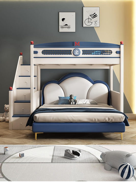 Kids’ Bunk Bed with Staircase & Upholstered Full Bed – Navy Blue & White Captain-Themed Loft Bed