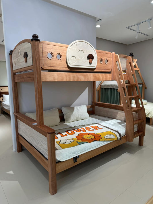 Wooden Bunk Bed with Mushroom-Themed Design – Sturdy & Stylish Kids’ Loft Bed