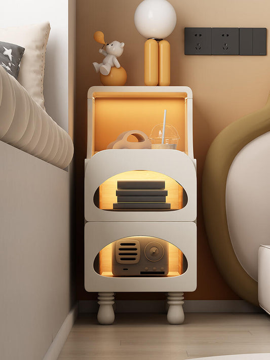 Modern Kids Bedside Table with LED Lights – Soft-Edge Nightstand with Storage Shelves