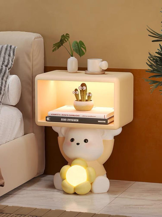 Bear Bedside Table with LED Flower Light – Cute Nightstand with Open Shelf & Soft Glow