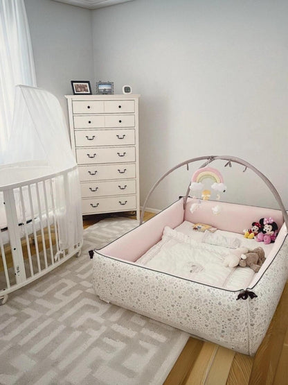 Baby Soft Playpen with Padded Mat & Hanging Toys – Floral-Print Infant Play Yard with Rainbow Mobile
