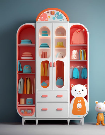 Colorful Kids' Wardrobe Closet – Cartoon-Themed Armoire with Hanging Space & Shelves