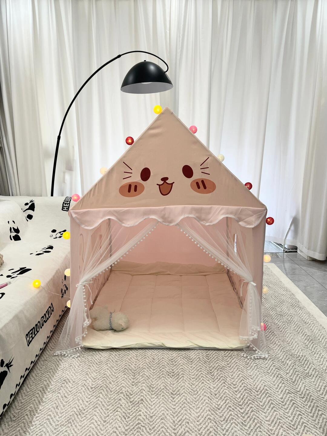Kids Pink Kitty Playhouse Tent – Indoor Princess Tent with Mat, Lights & Mesh Curtains